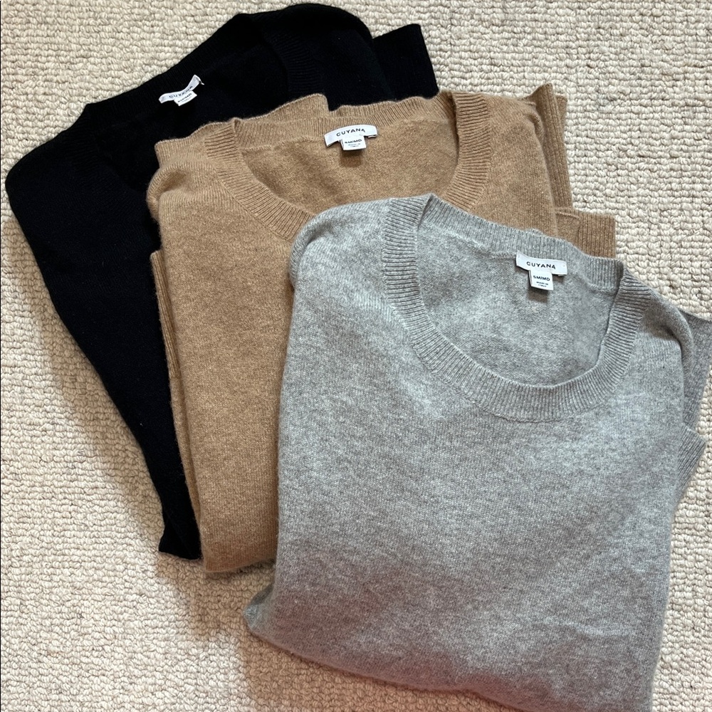 Cuyana women’s open side cashmere  Crewneck Sweaters - Black, Tan, and Gray Sm/M